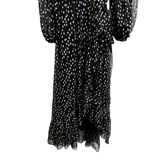Zimmerman Black Silk Chiffon Gold Lurex Dot Ruffle Wrap Midi Dress Size 1 (US 6) - Picture 6 of 7